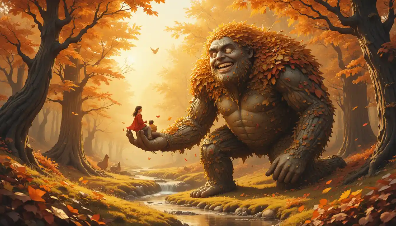 Gentle leaf giant carrying a child in an autumn forest