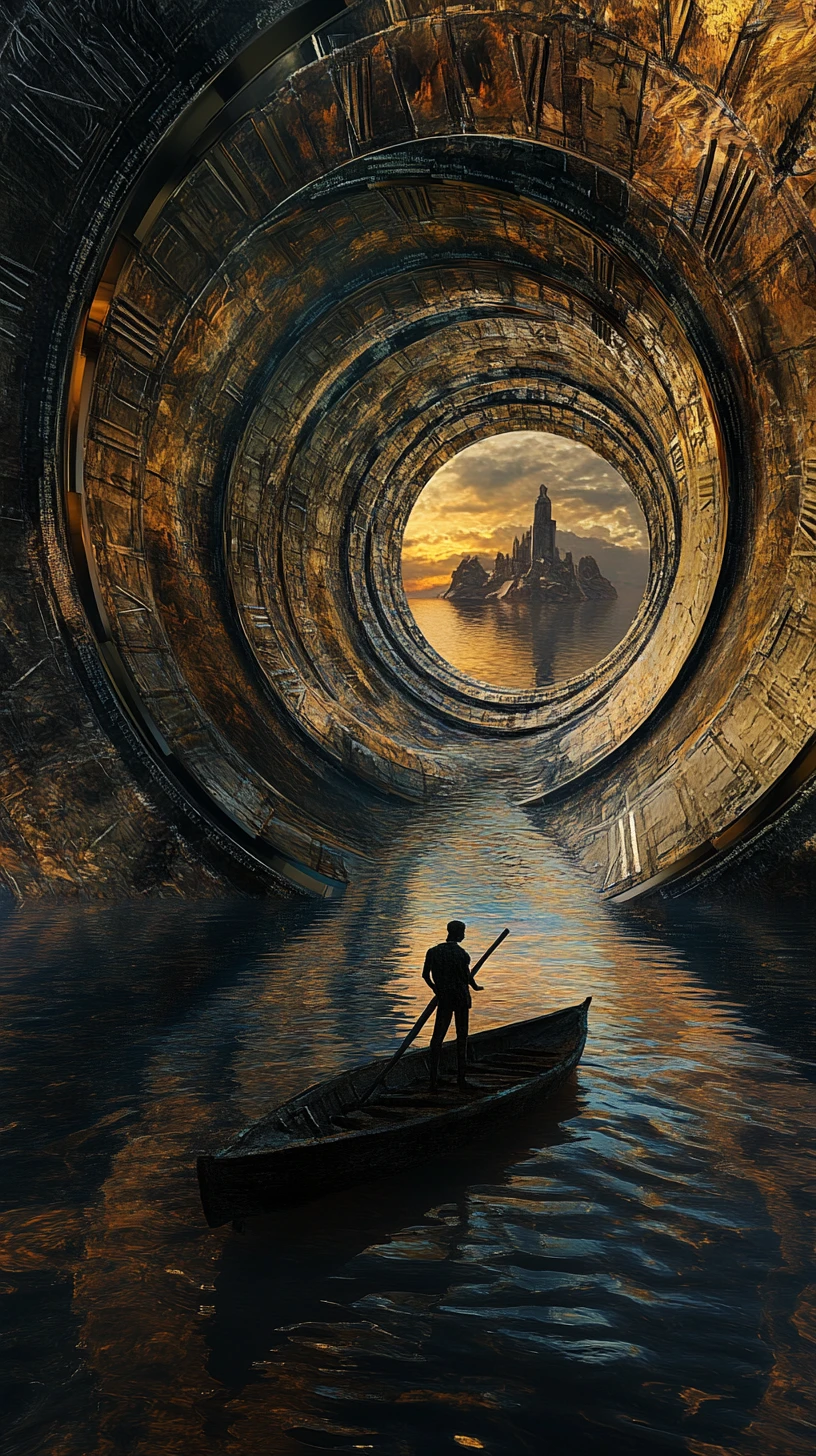 Skeletal ferryman on looping river through surreal clock rings