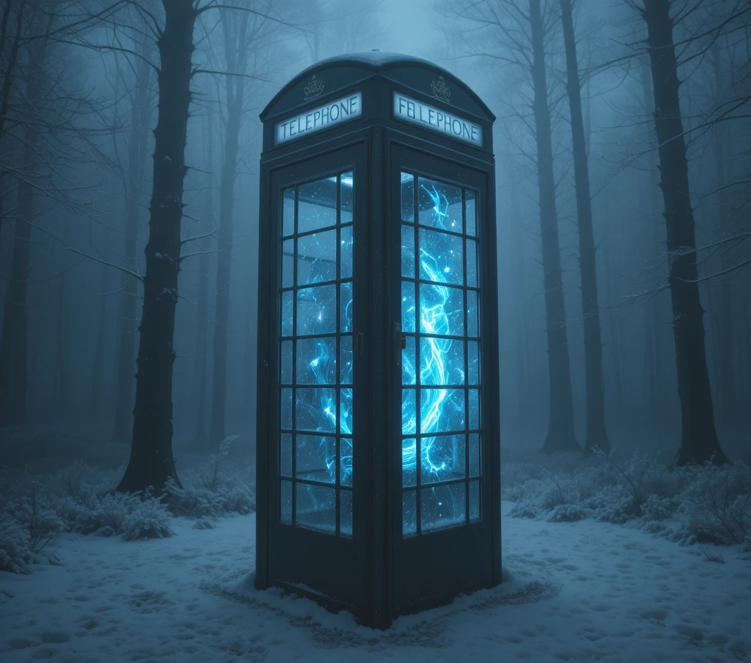Glowing telephone booth in a foggy winter forest night
