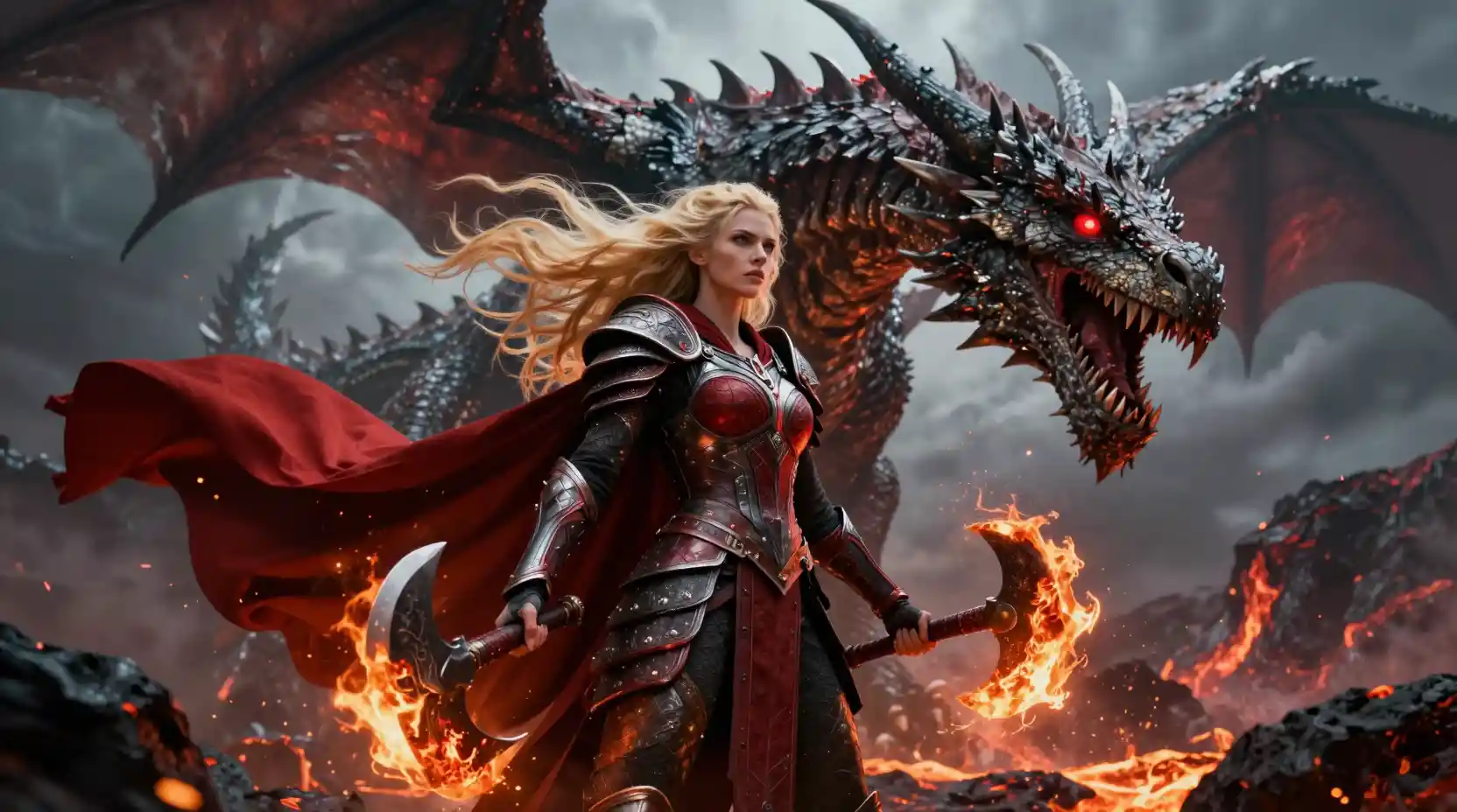 Valkyrie warrior facing a colossal dragon in lava battlefield