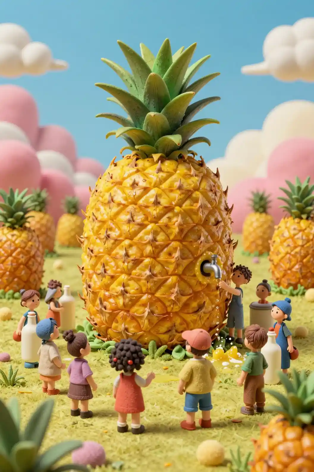 Claymation children harvesting a giant pineapple in a field
