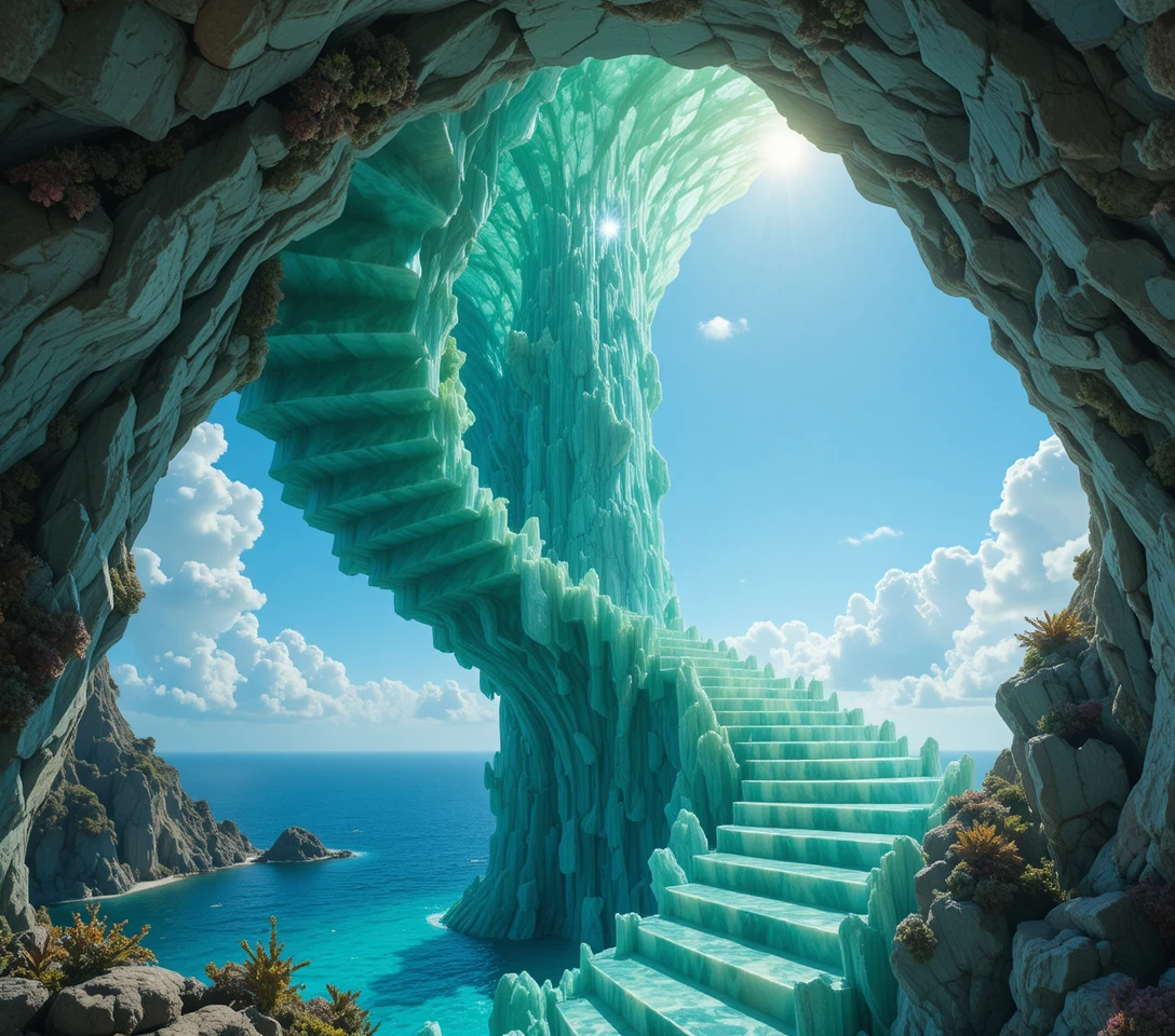 Surreal Jade Spiral Staircase Above A Vibrant Coral Reef