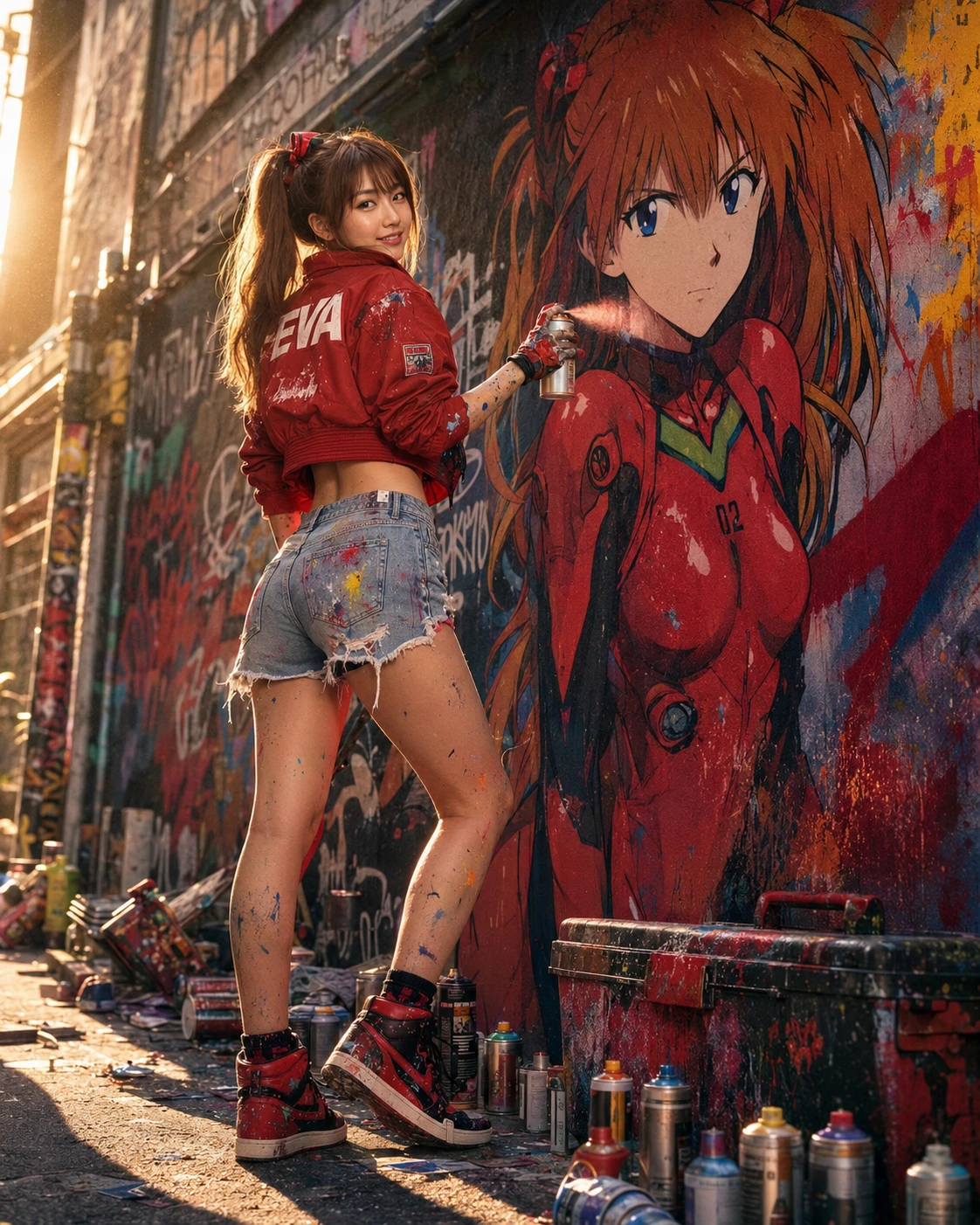 Japanese woman spray painting anime mural in urban alley