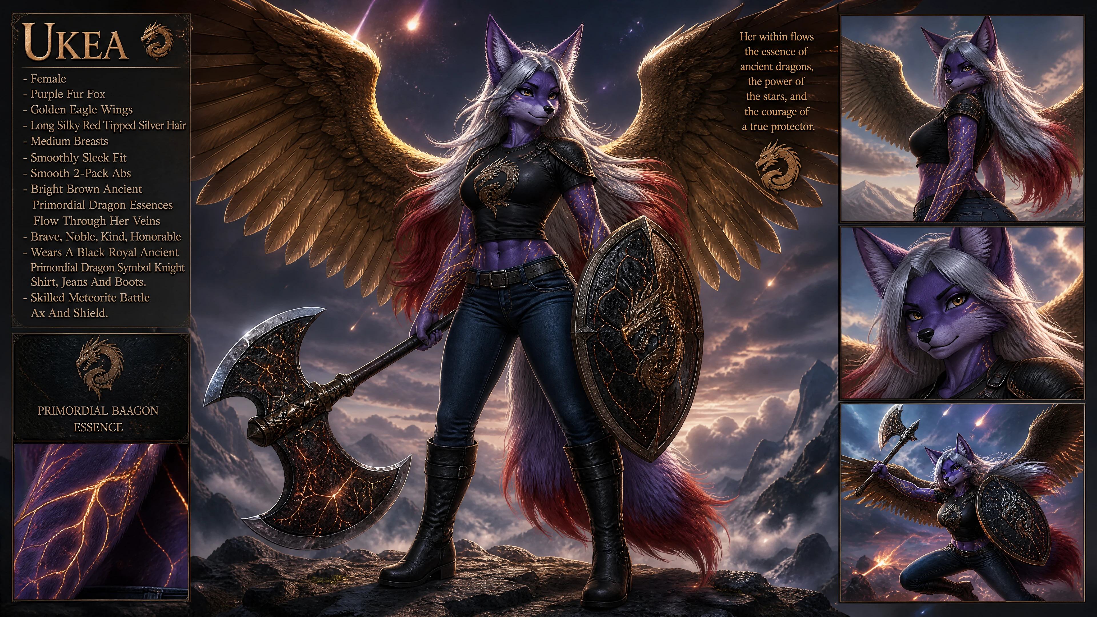 Purple fur fox warrior woman with dragon knight attire