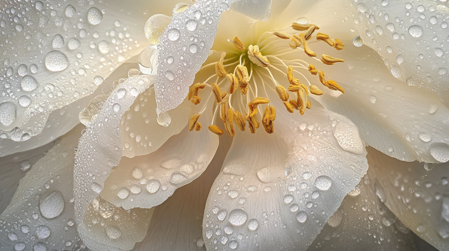Macro White Peony With Raindrops And Hidden Miniature Gardens