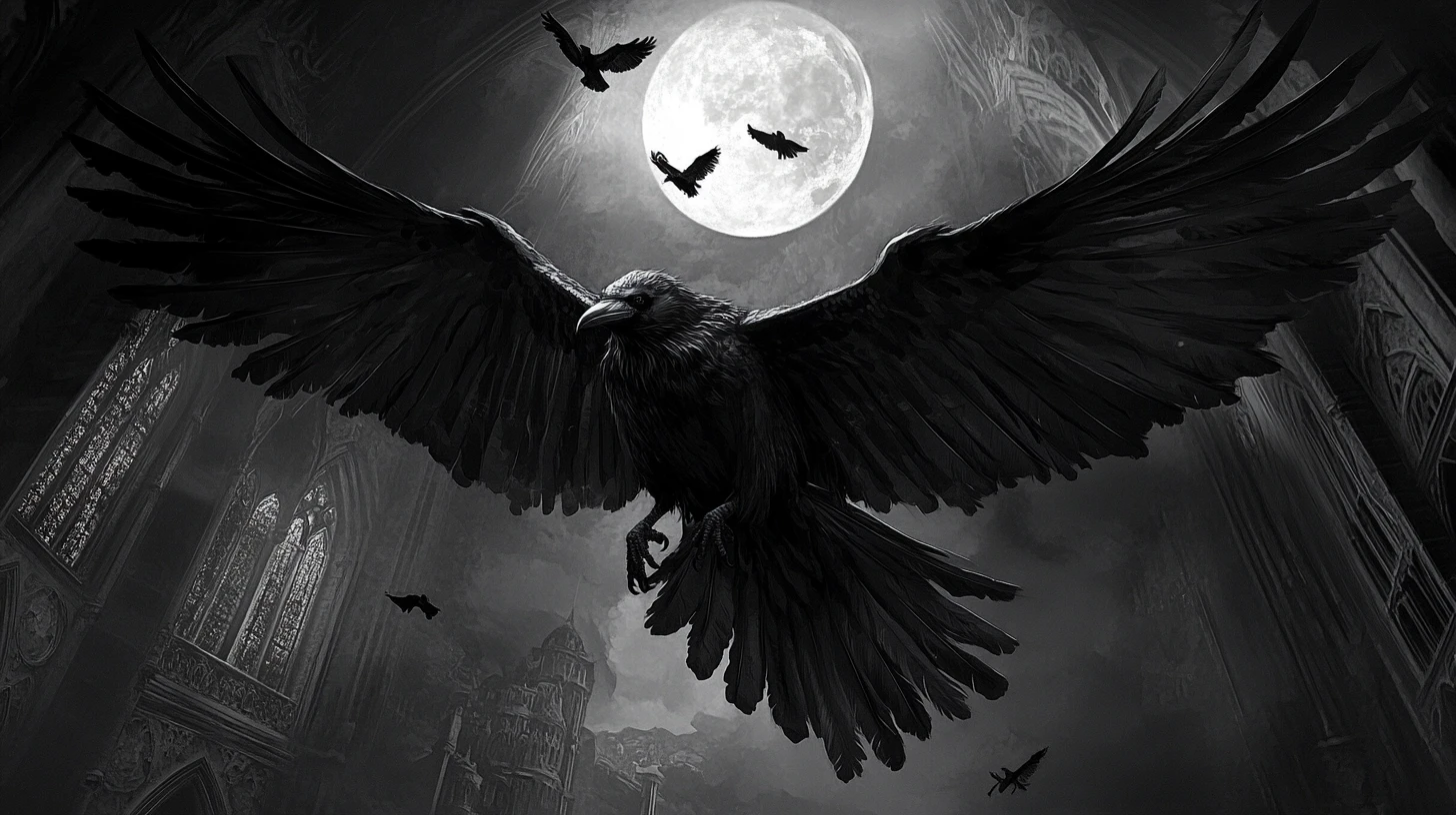 Gothic raven silhouette woven with hidden cathedral details