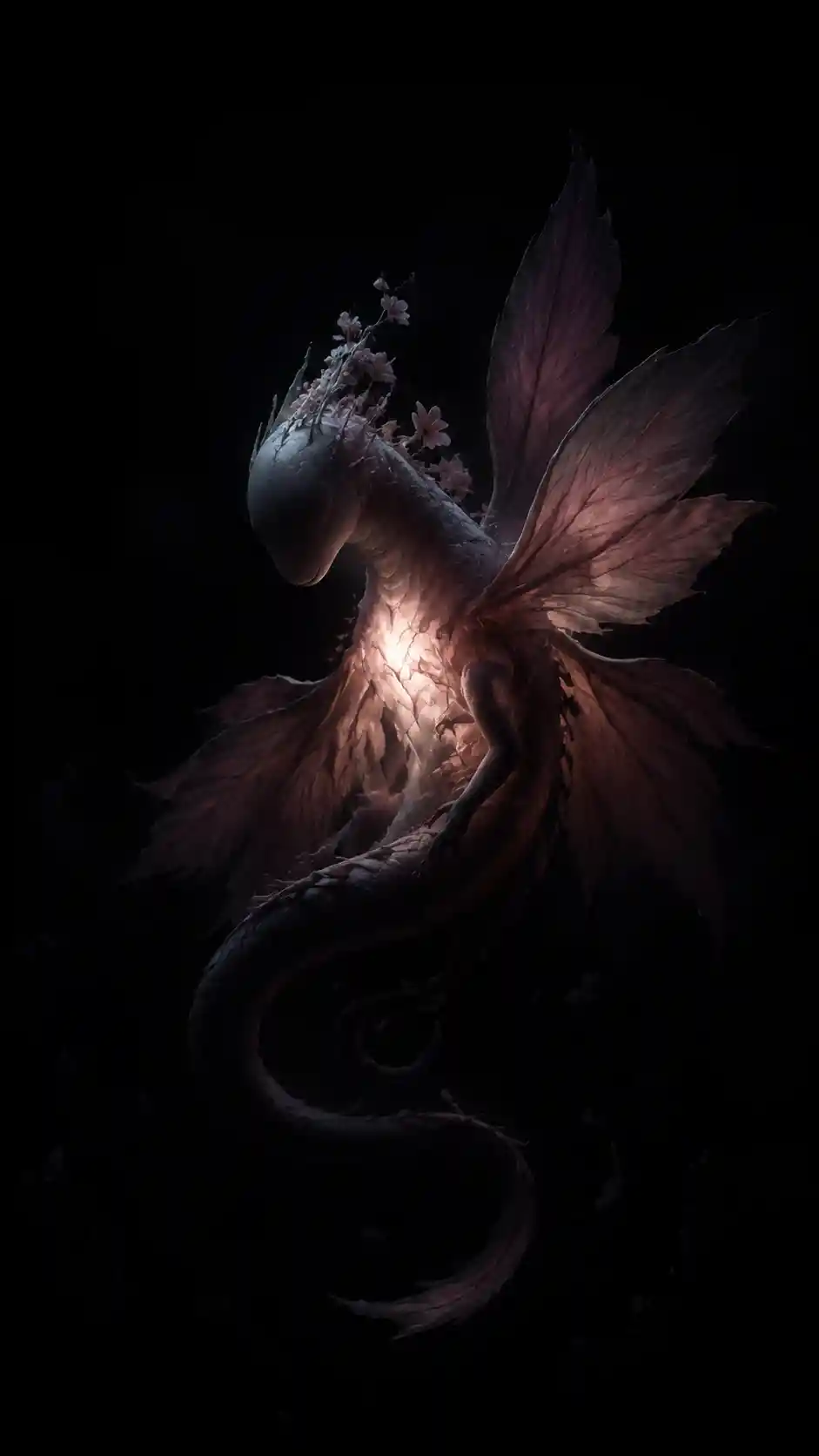 Small eyeless dragon with glowing chest in darkness