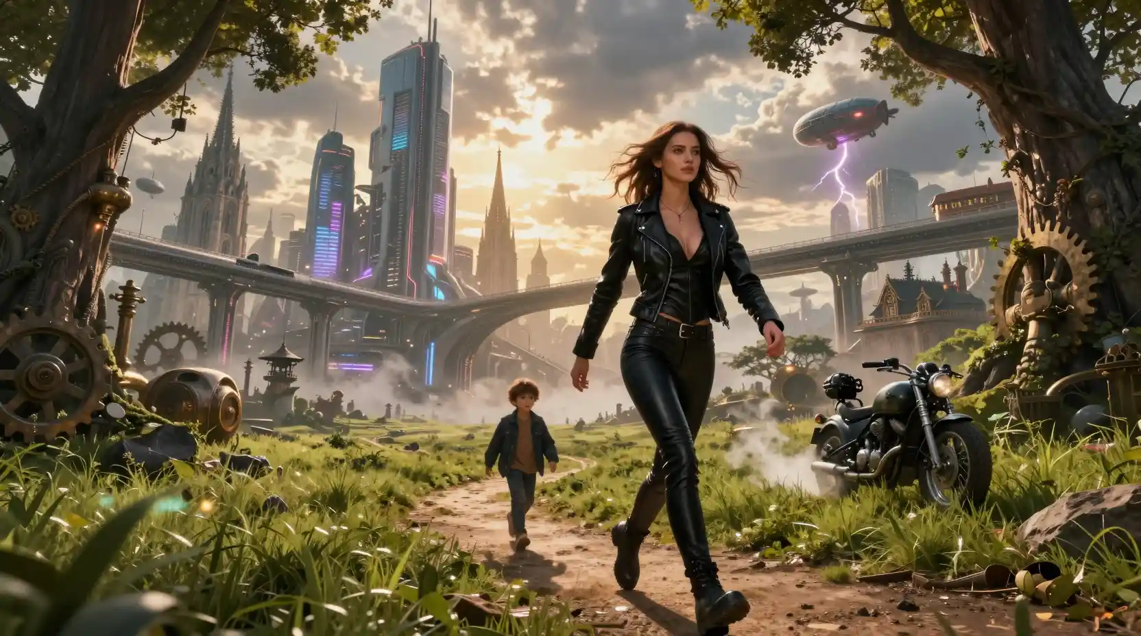 Woman and child walking toward a futuristic gothic megacity