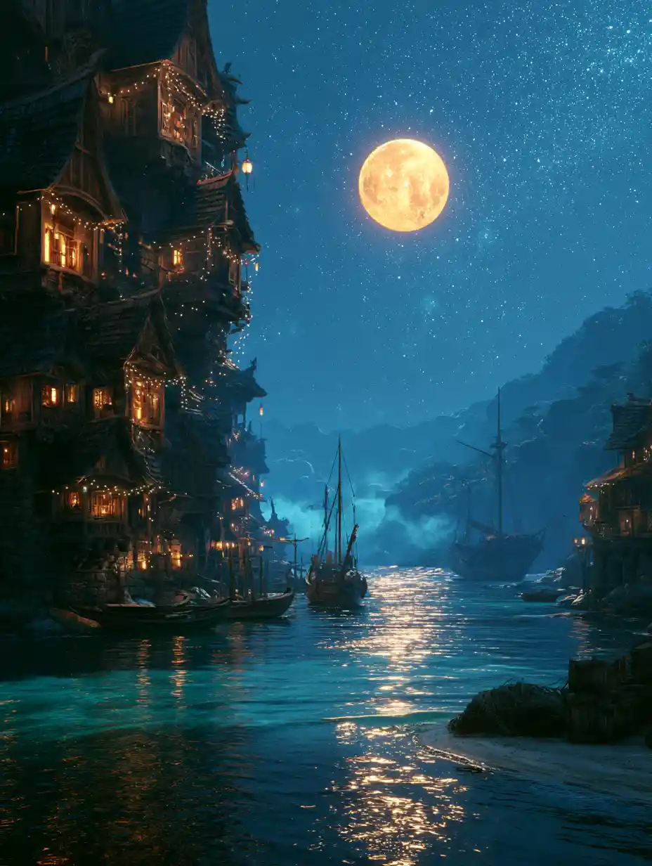 Mystical coastal fantasy village glowing under a giant moon