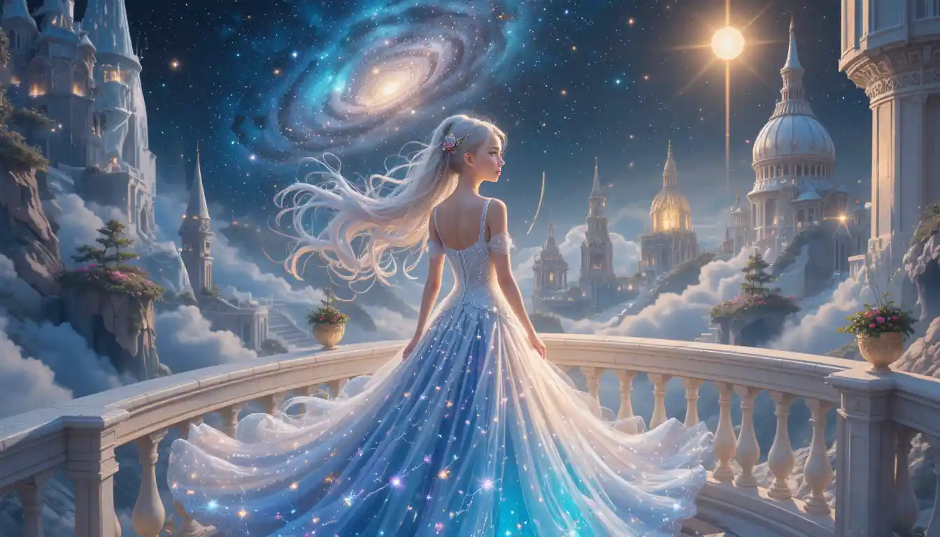 Starlit princess on a crystal balcony above the stars