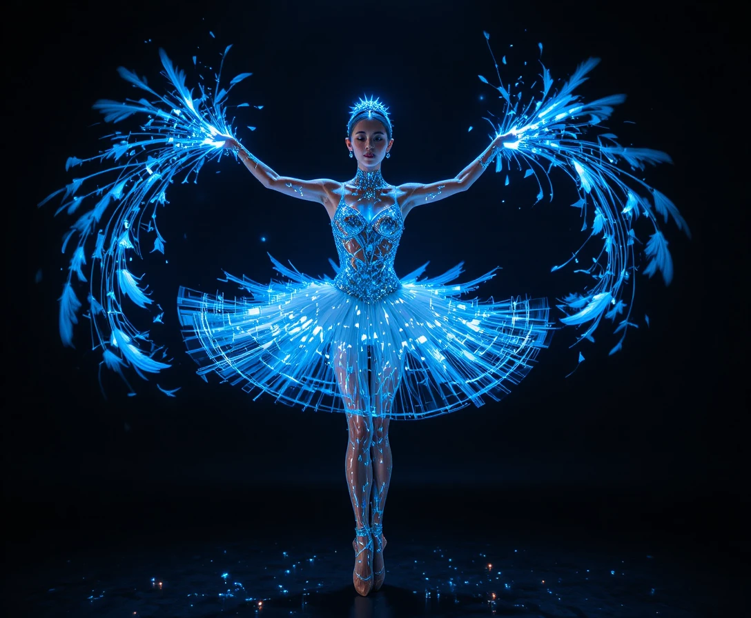 Ballerina pirouette with glowing feathers in dark studio