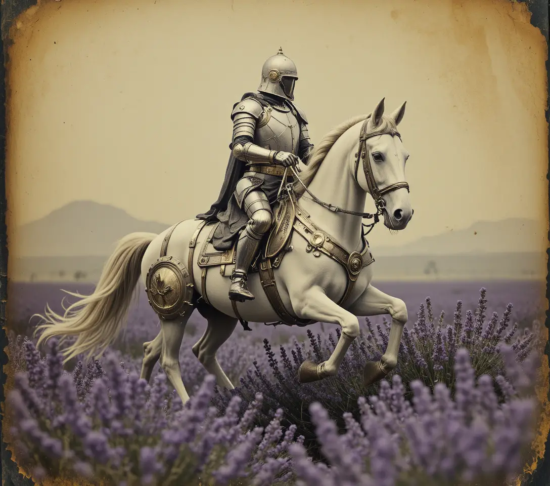 Medieval knight on white steed charging through lavender field