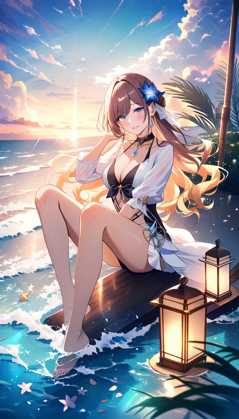 Elegant woman in black bikini on tropical beach at sunset