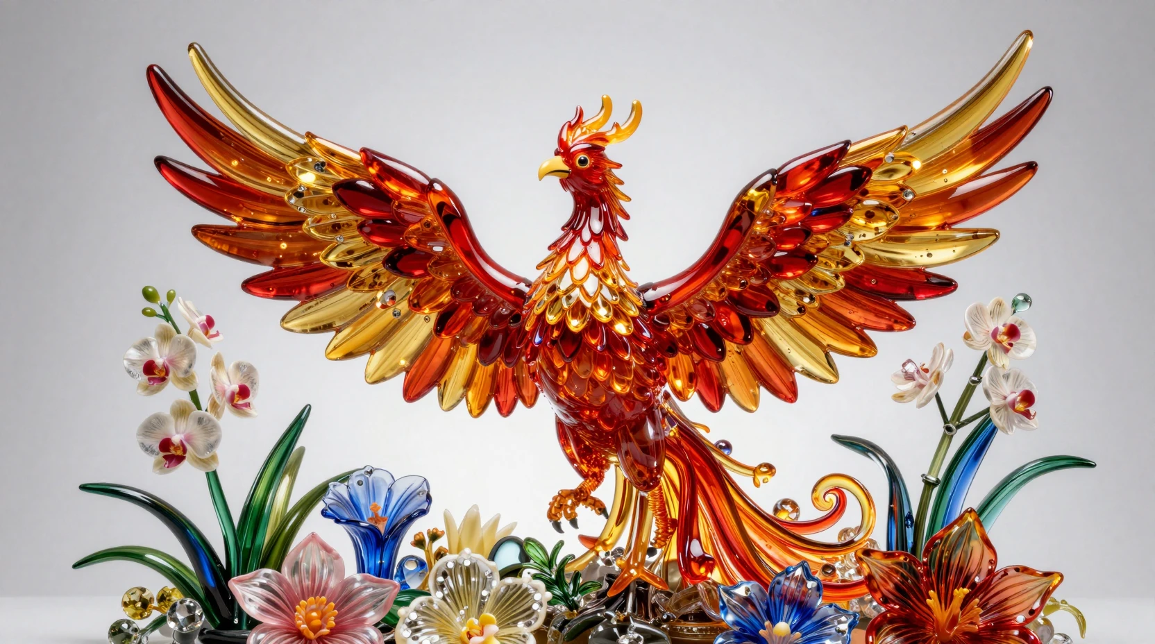 Glass phoenix sculpture in vibrant studio lighting