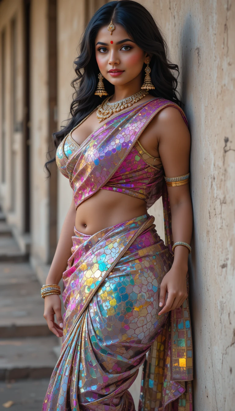 Indian woman in glossy mirror saree bending at the waist