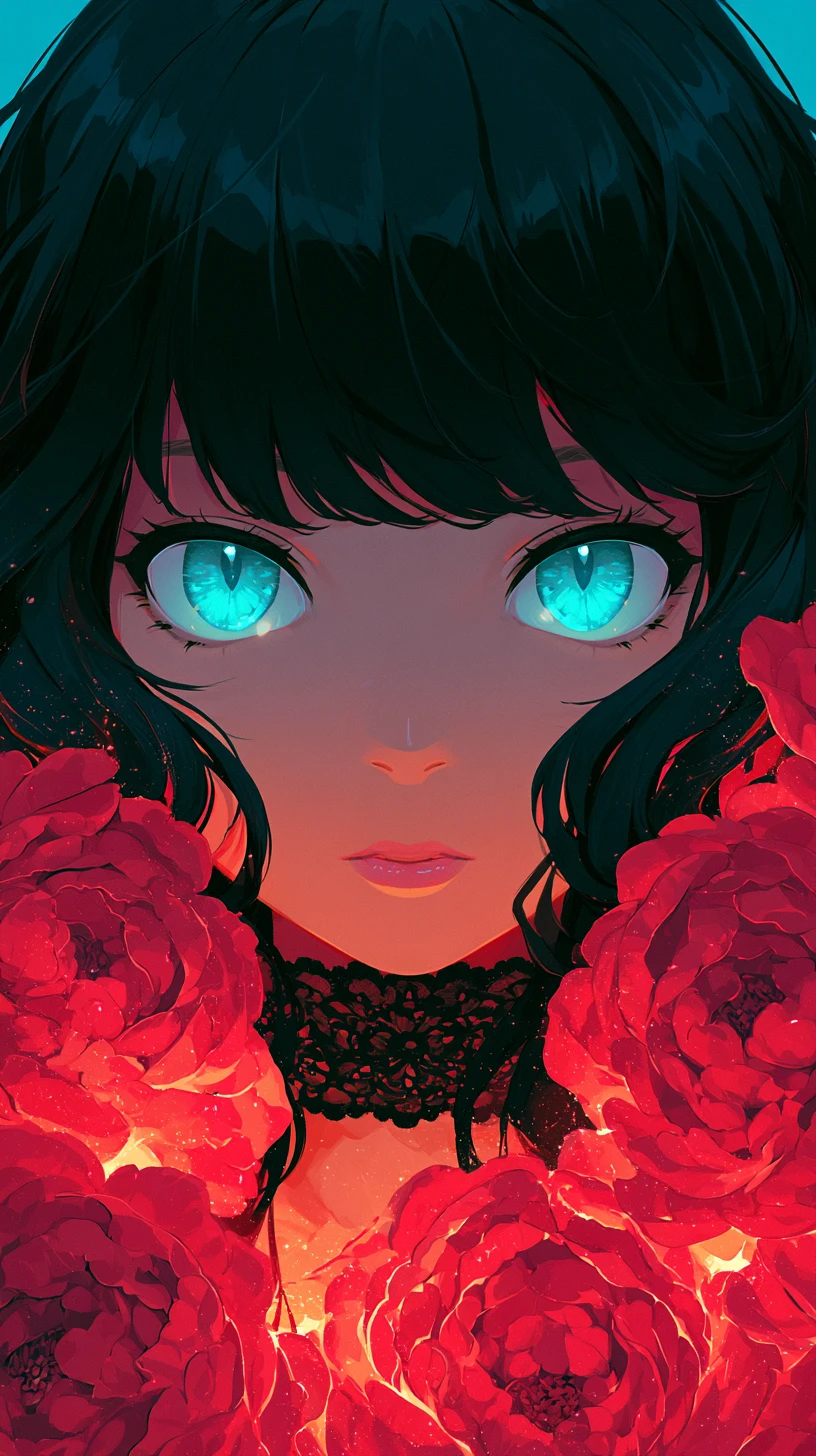 Retrato de chica de anime con ojos cian y flores rojas