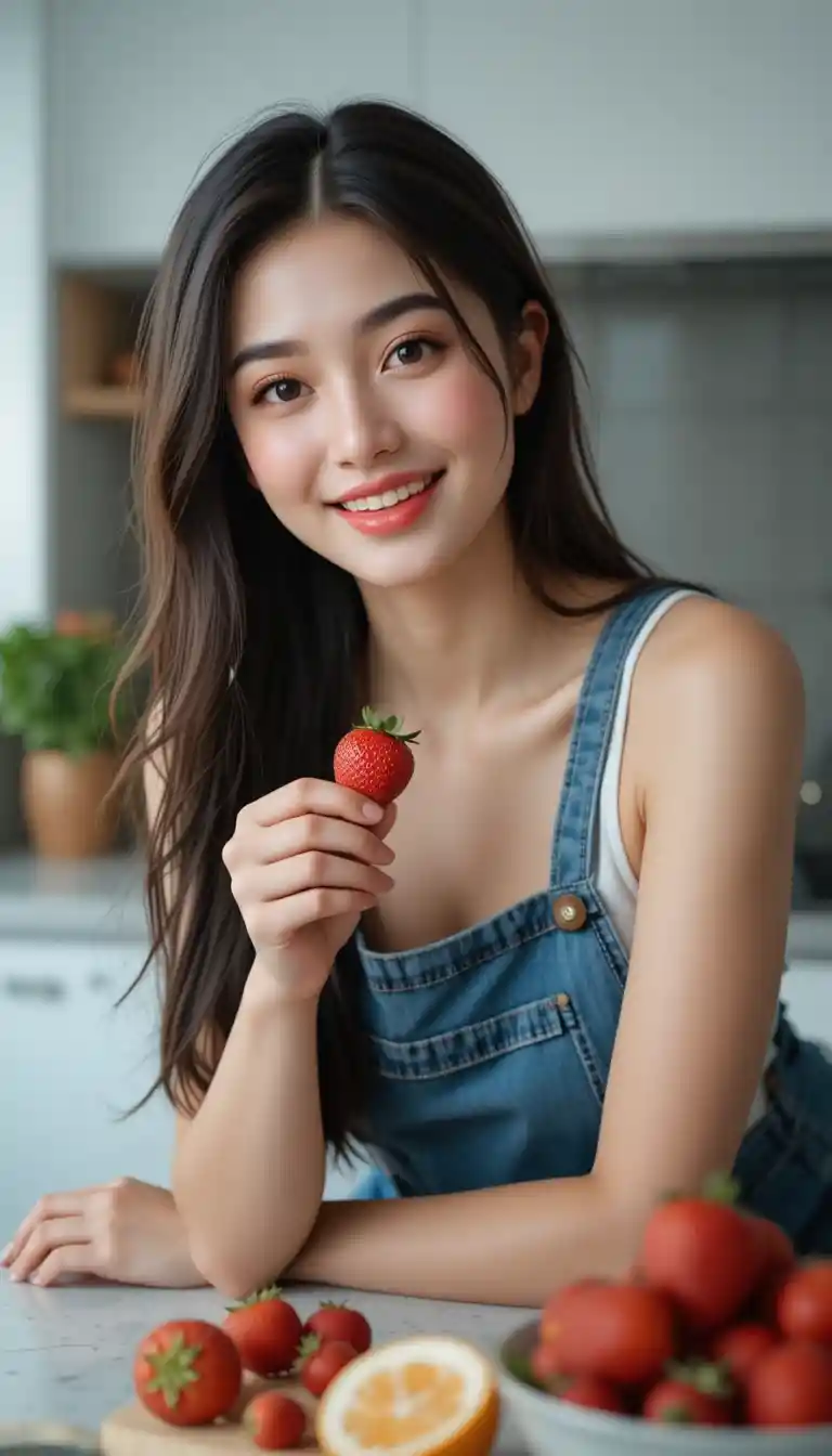 Young woman with strawberry in a cozy kitchen portrait