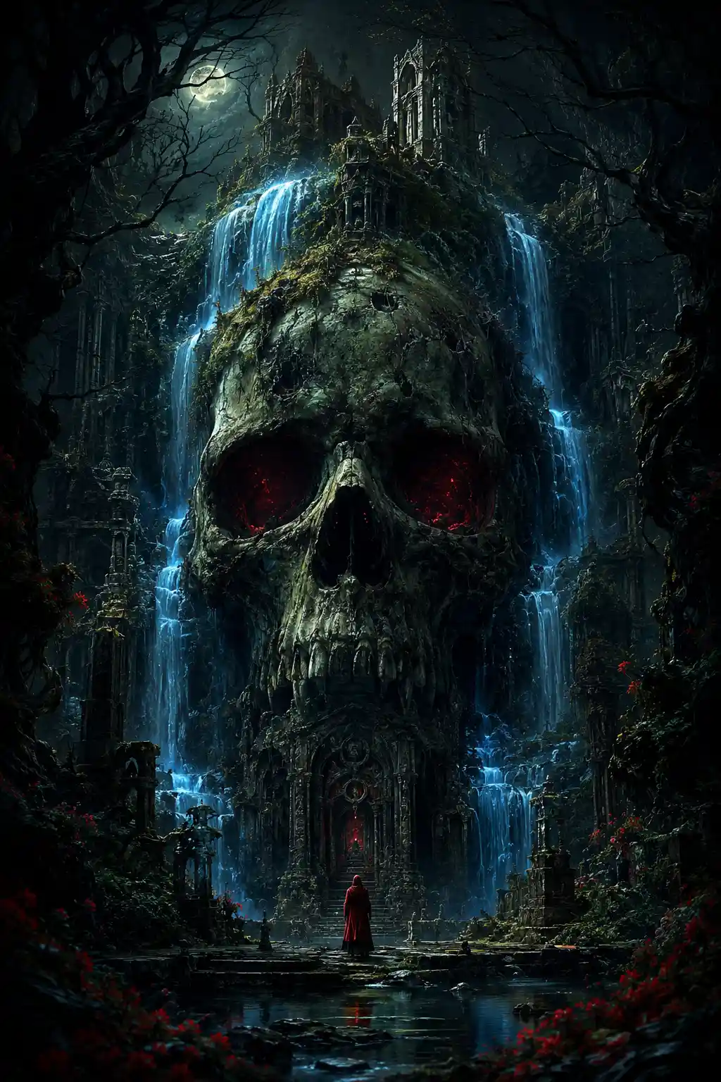 Ancient moss covered skull with waterfall in gothic ruin