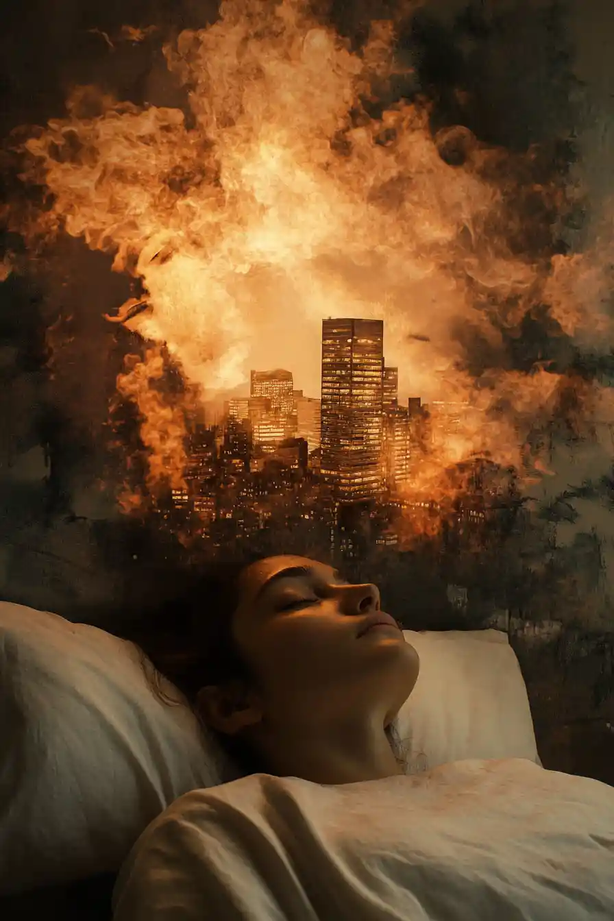 Sleeping woman in bed with surreal dream city and ghostly face