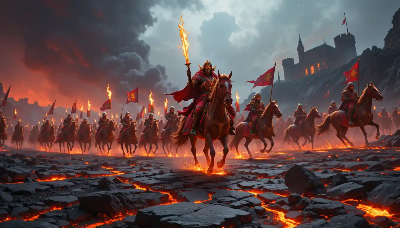 Fire elemental cavalry charging across a volcanic battlefield