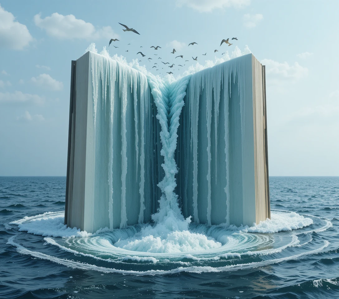 Giant Floating Book Of Waterfalls Above A Vast Ocean Whirlpool