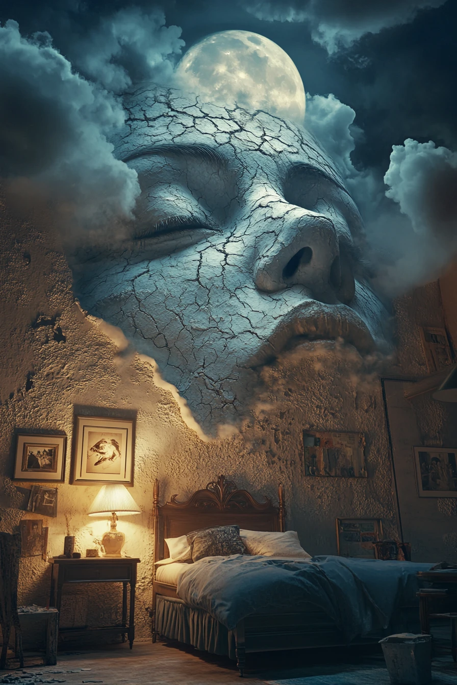 Surreal bedroom with colossal cracked face and lone figure