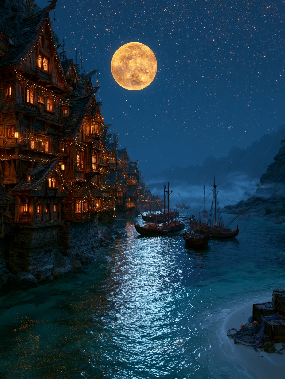 Pueblo costero de fantasía místico junto a un canal marino iluminado por la luna