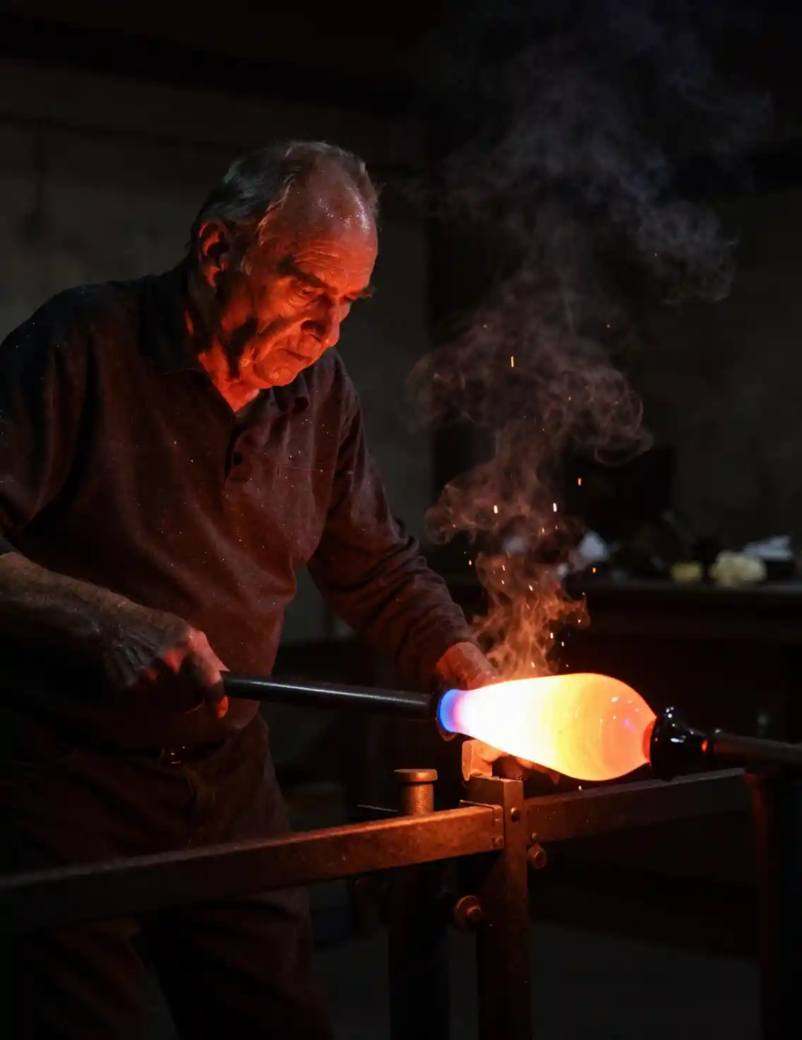 Elderly glassblower shaping molten glass in dark workshop