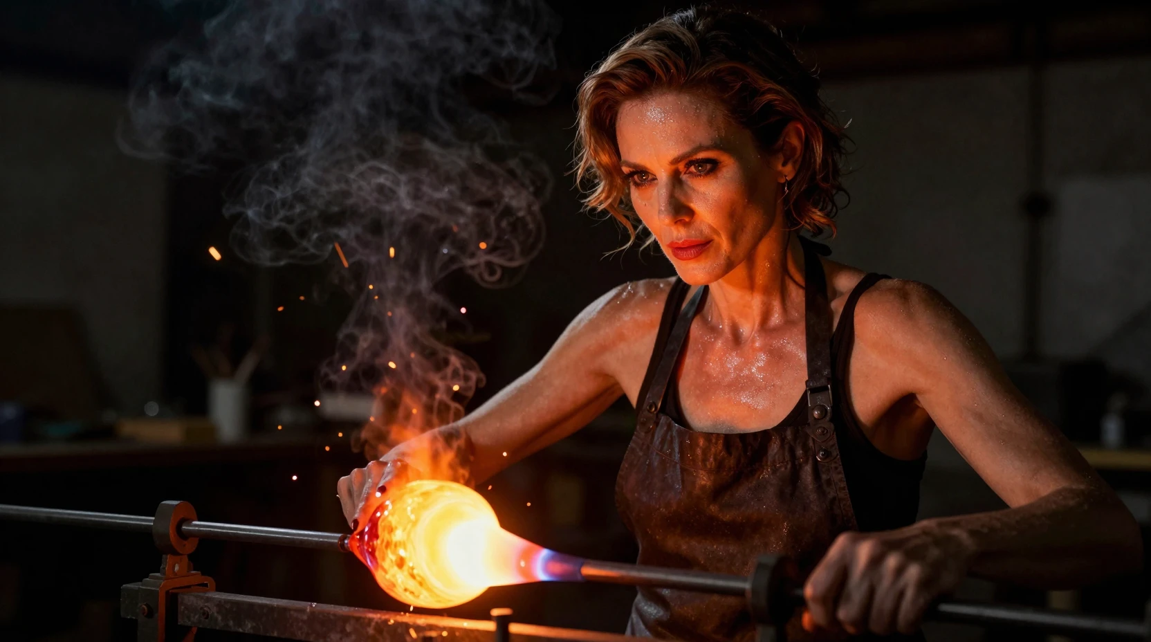 Focused glassblower shaping glowing molten glass at night