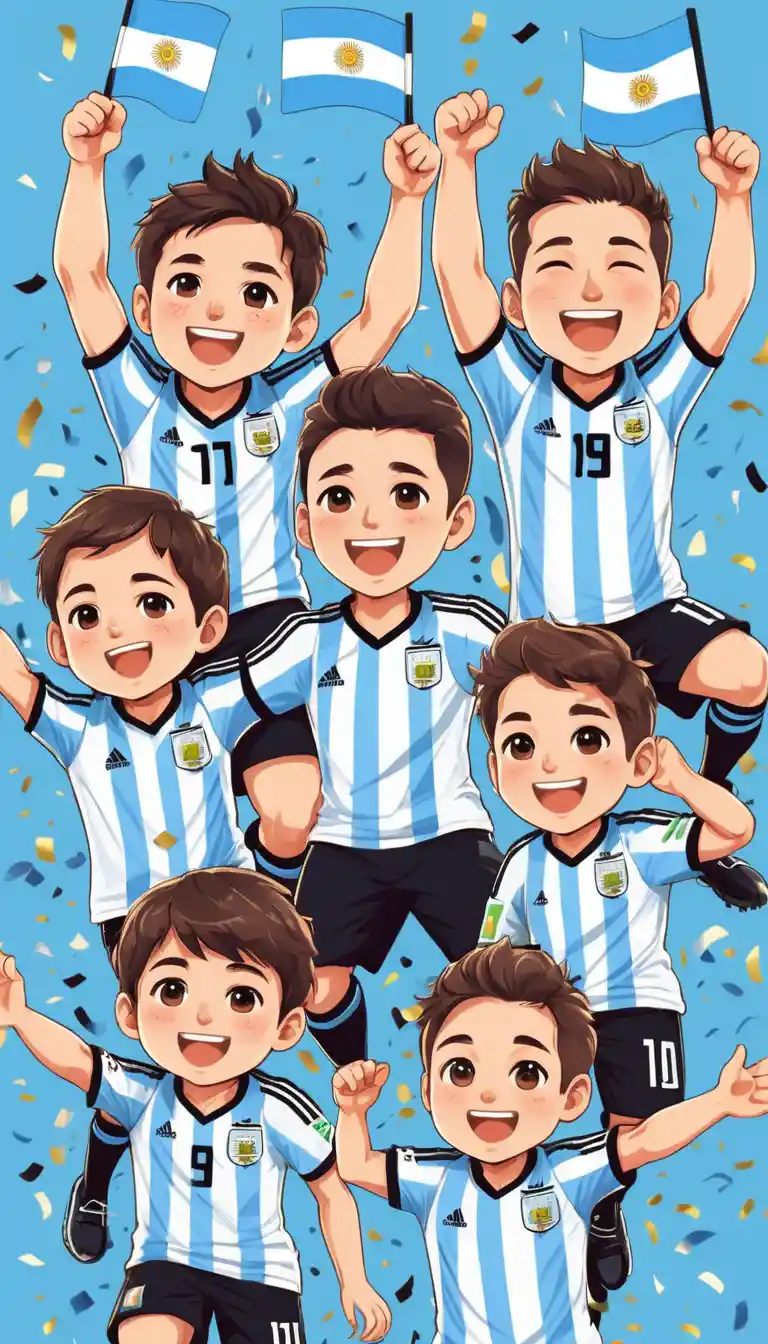 Cute chibi Argentina football players celebrating with flags