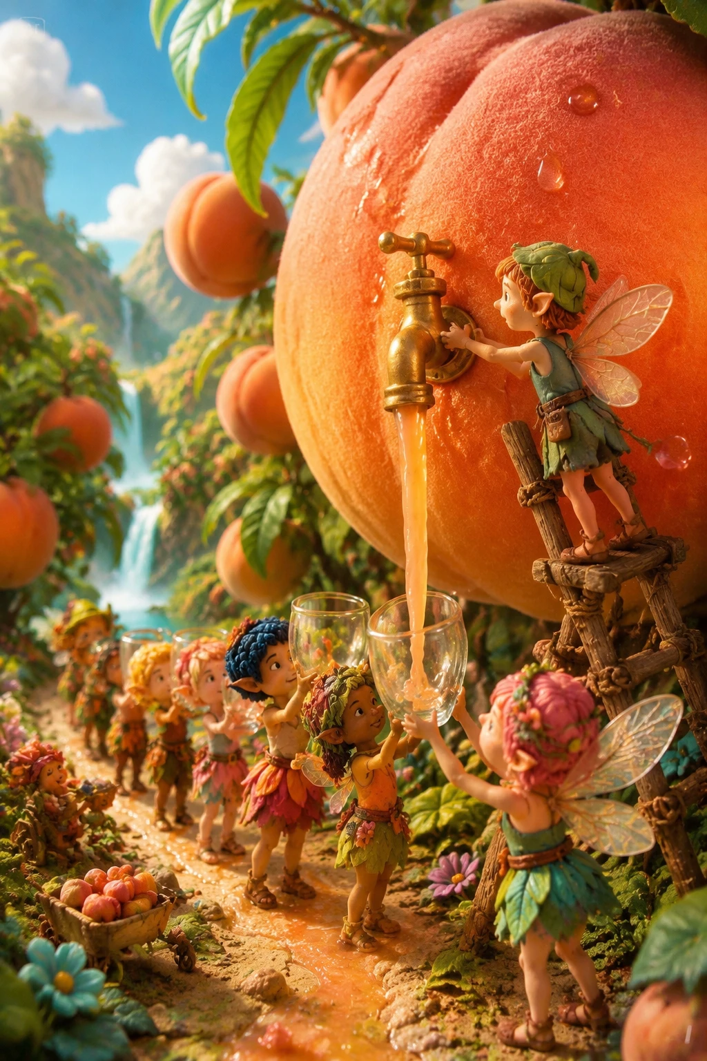 Fate in miniatura che raccolgono pesche giganti in un mondo di claymation