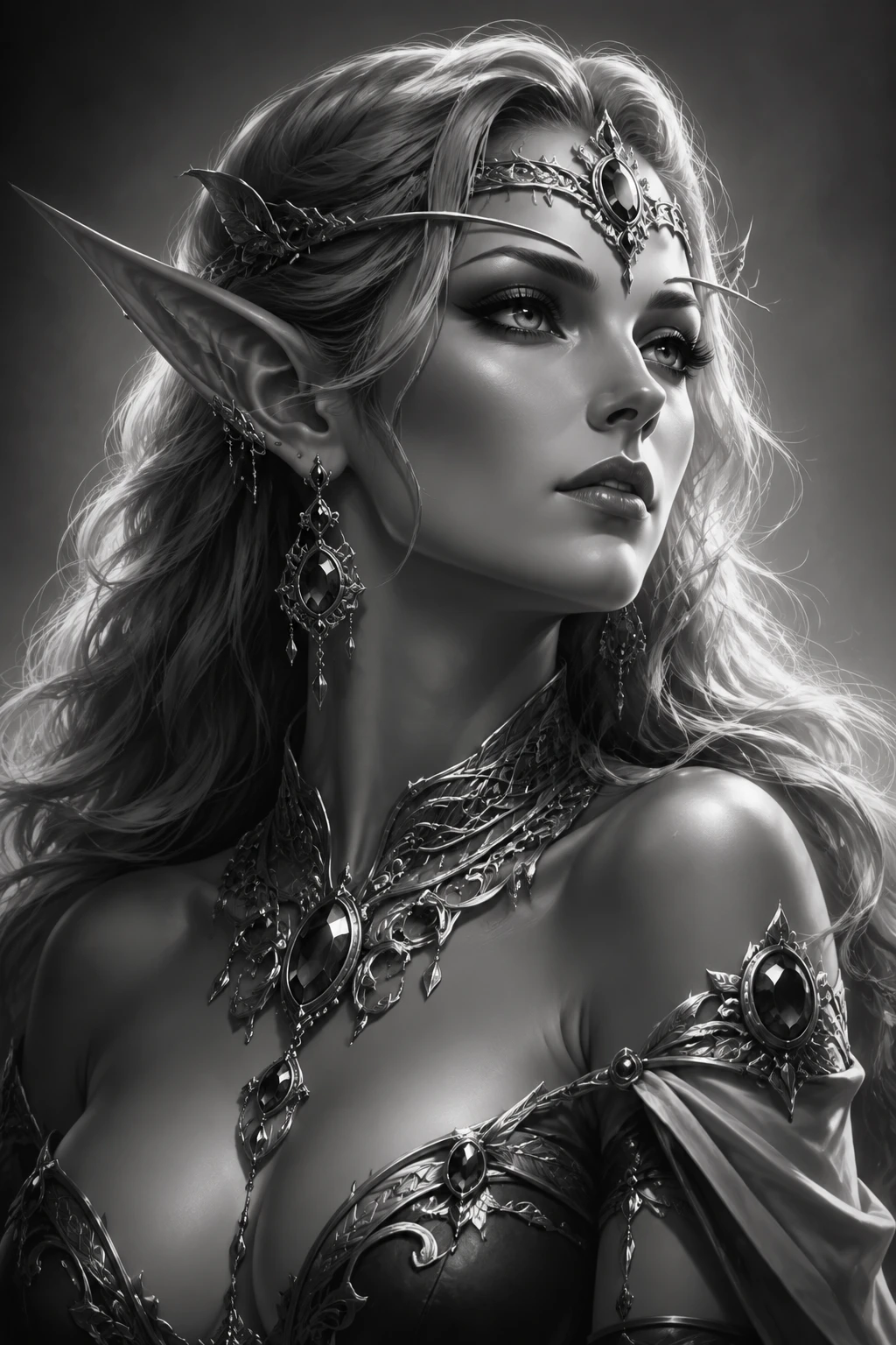 Elegant fantasy queen portrait in dramatic black and white