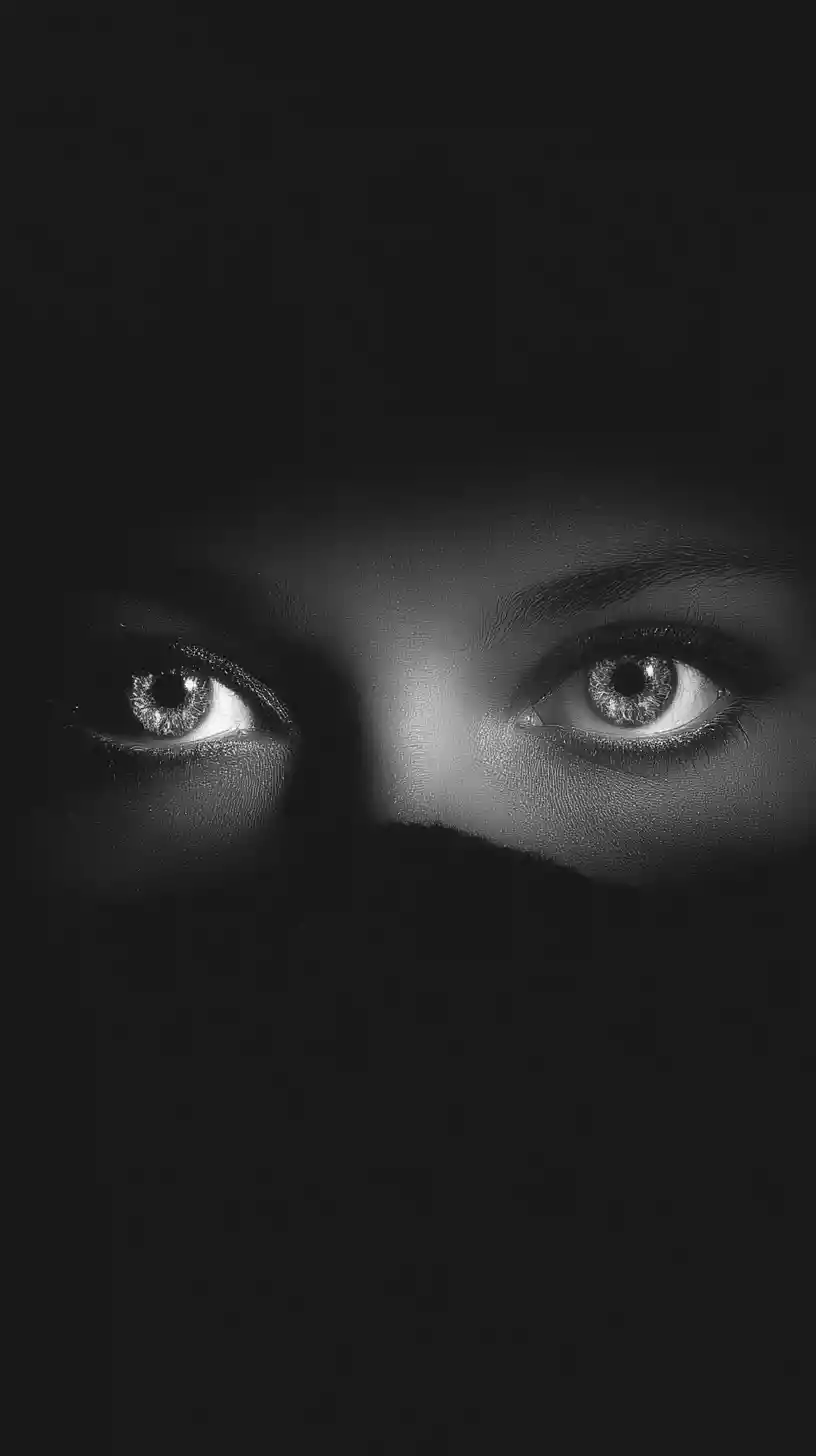 Glowing eyes suspended in dark abstract negative space