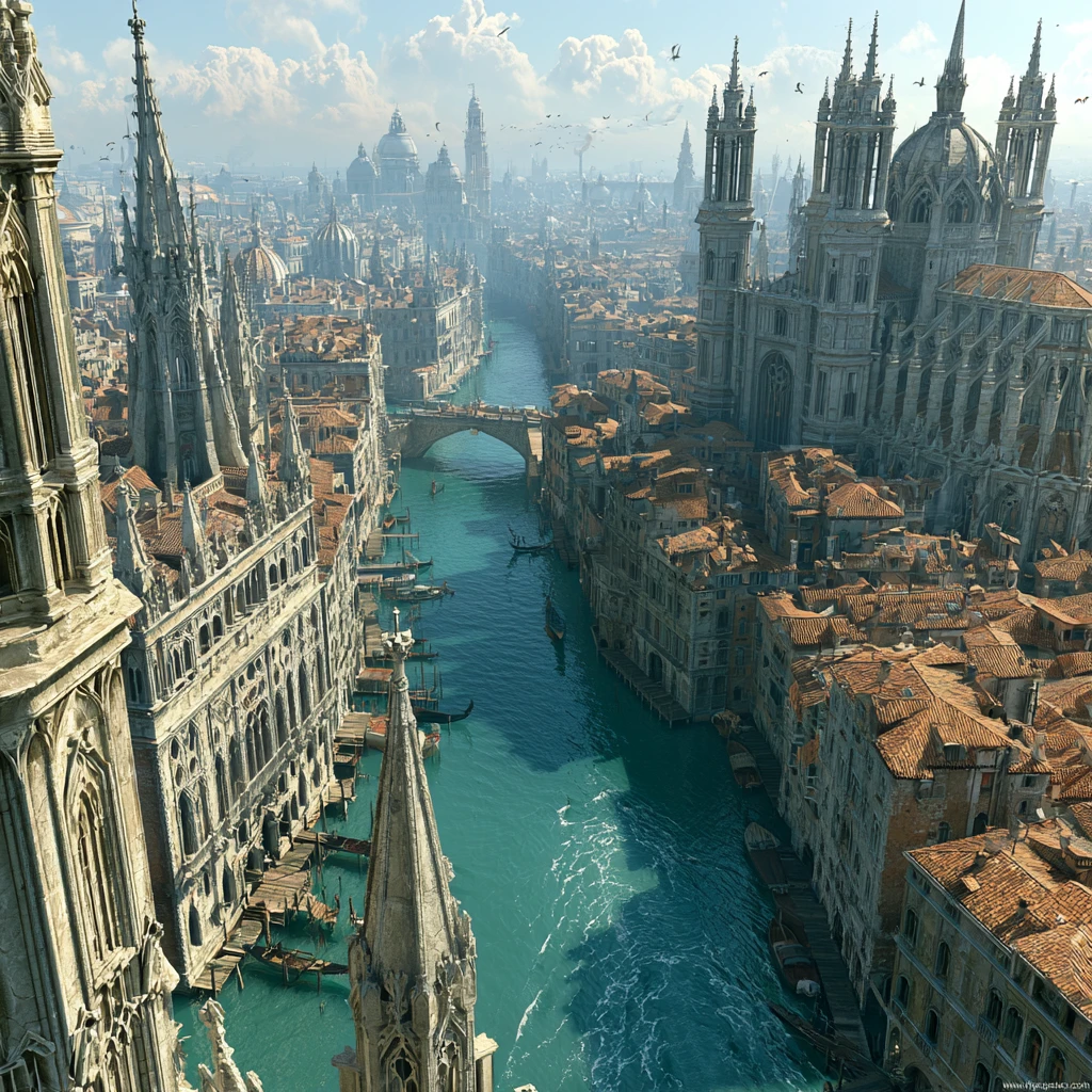 Aerial view over historic canal city and grand cathedral
