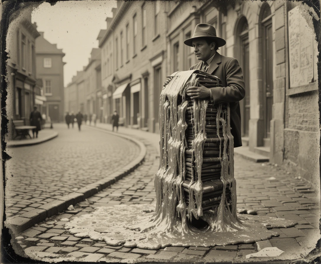 Vintage tintype of newsboy with molten silver newspapers