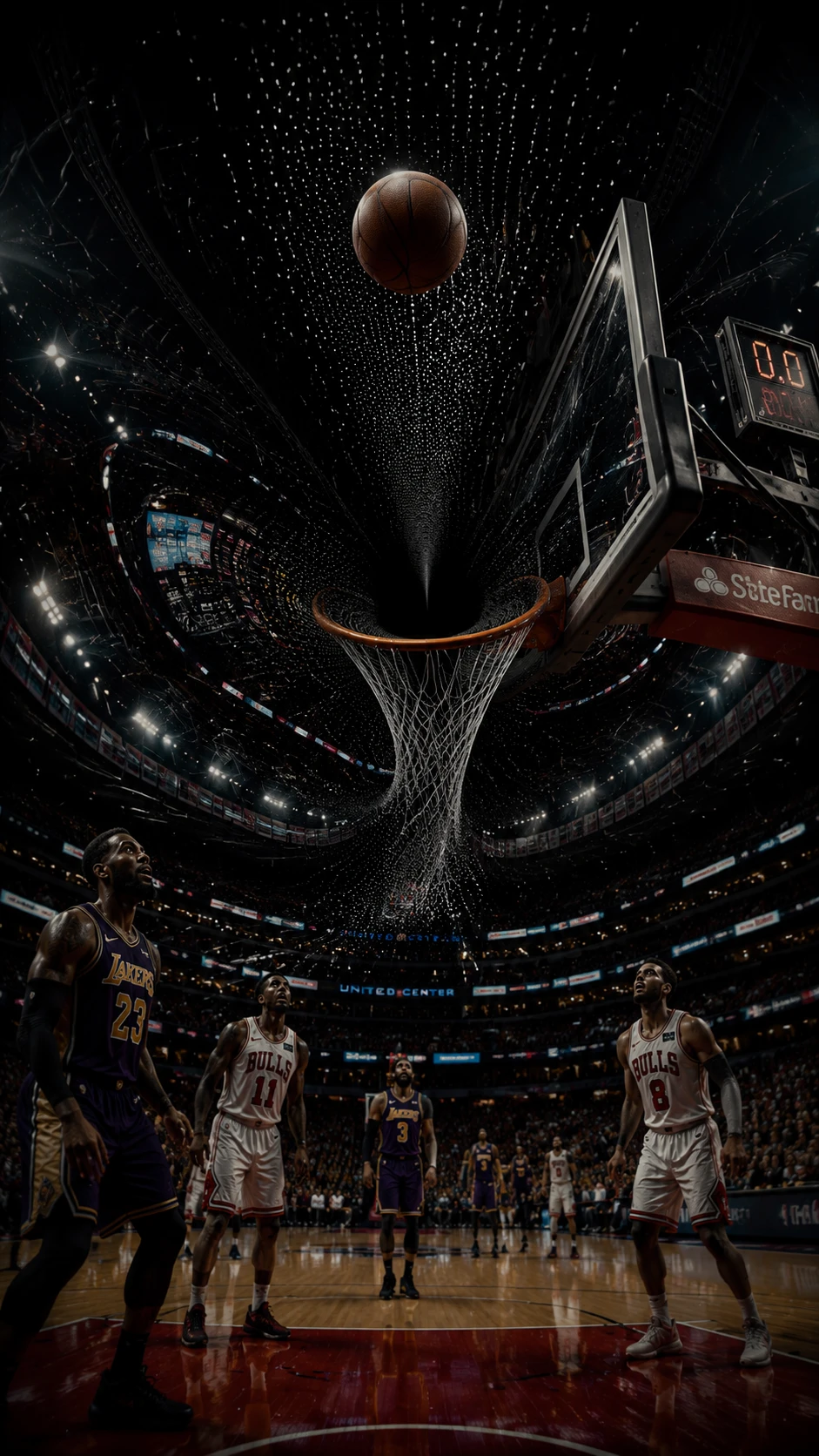 Bola de basquete suspensa acima do aro em arena surreal distorcida