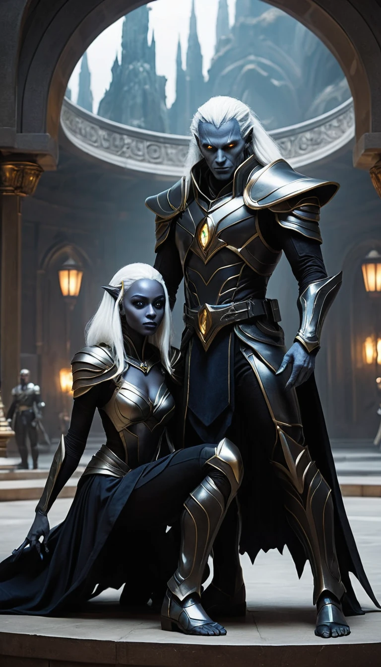 Fantasy knight greeting his partner in a crowded pavilion