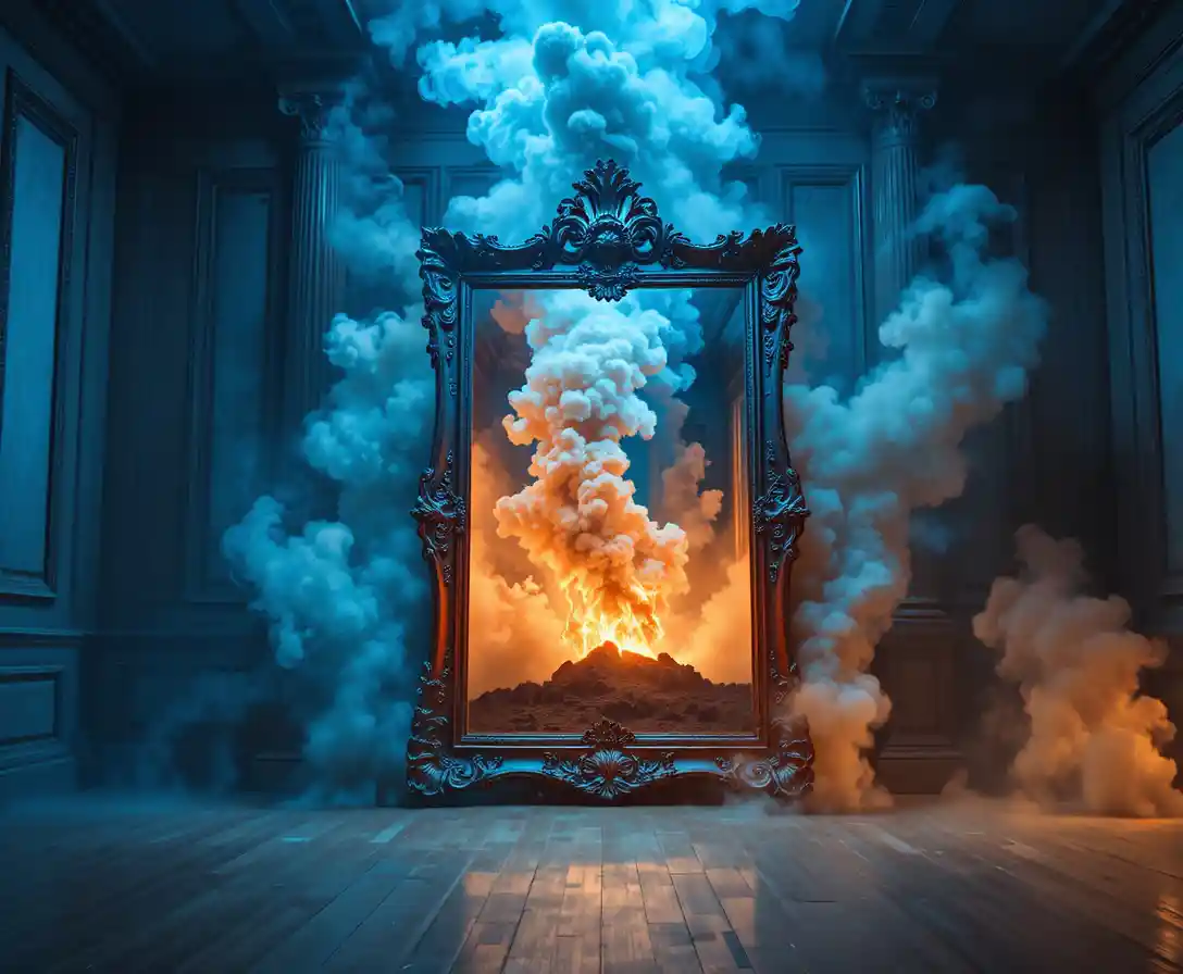 Ornate mirror portal from ballroom to fiery volcanic room