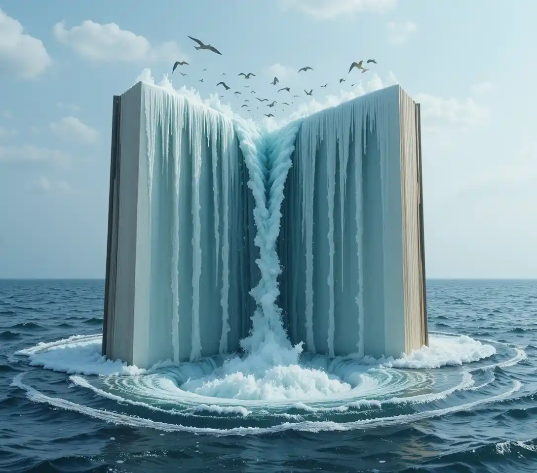 Giant Floating Book Of Waterfalls Above A Vast Ocean Whirlpool