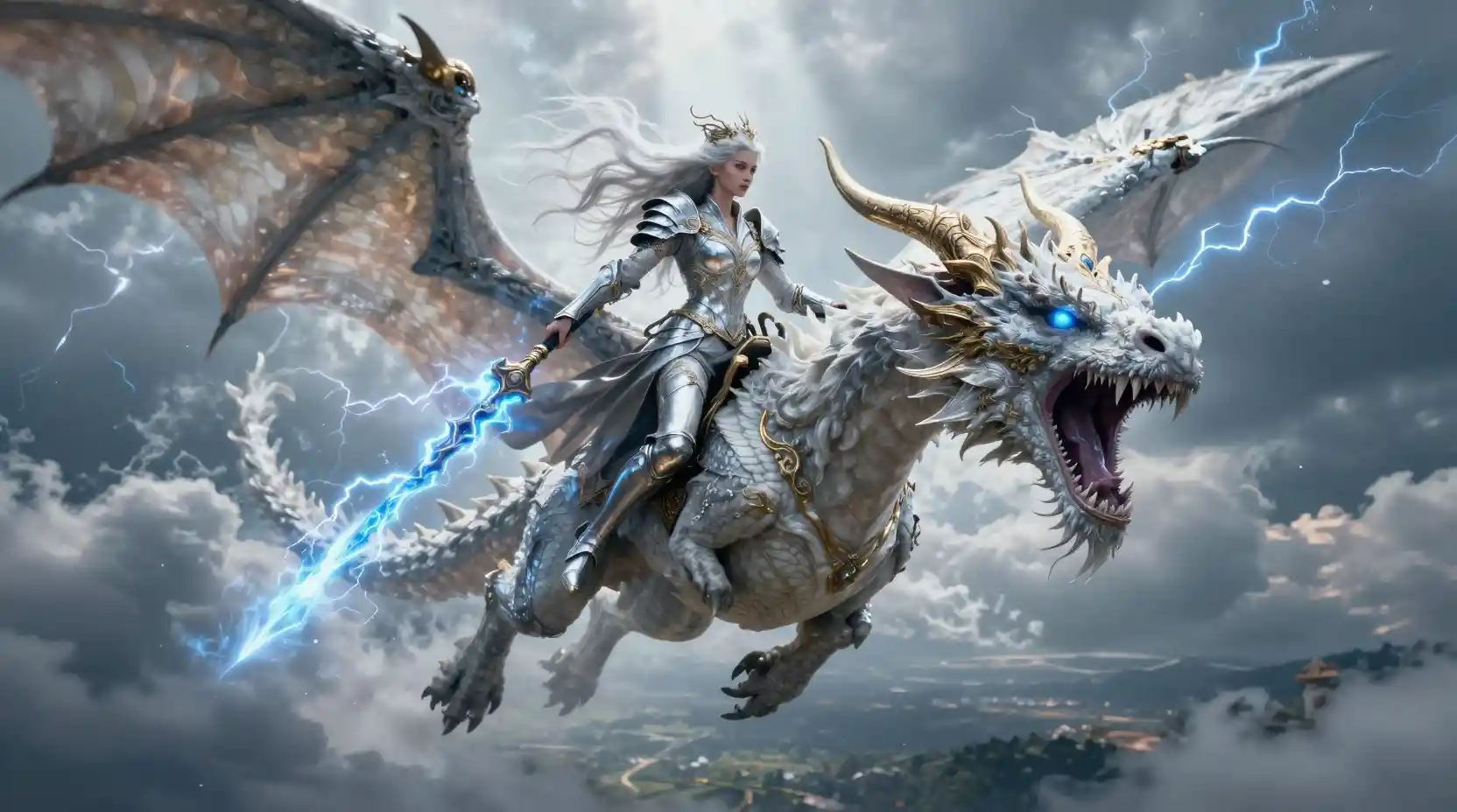 Warrior queen riding a white dragon through storm clouds