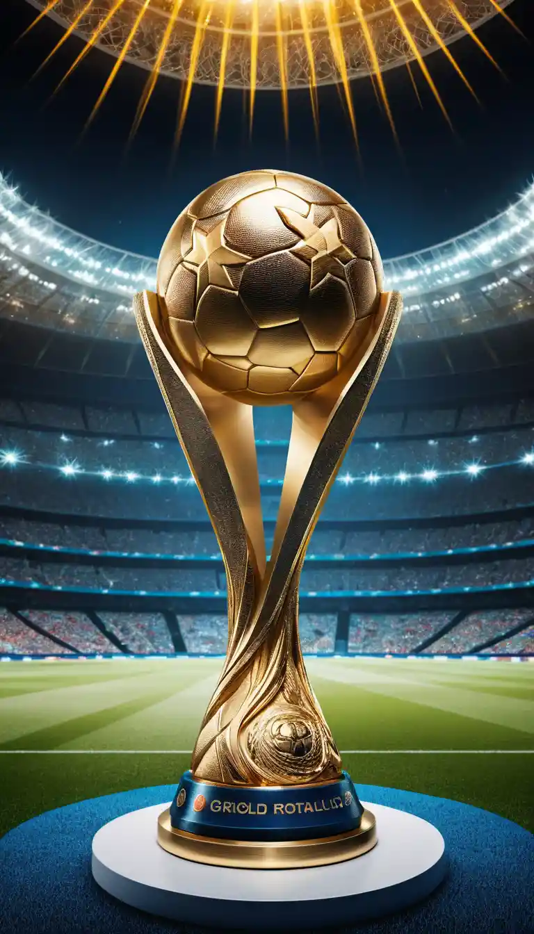 World Cup trophy glowing in a grand modern stadium