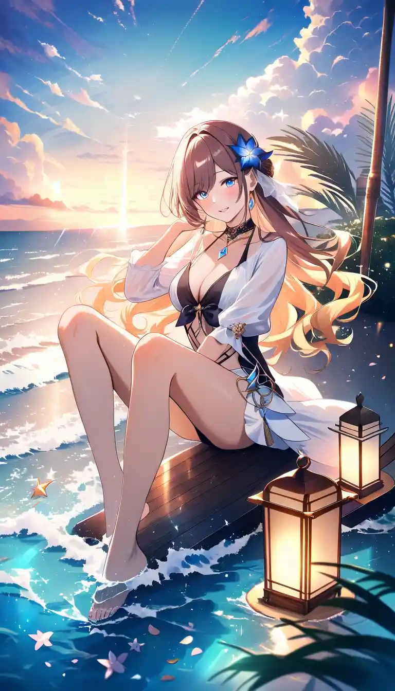 Elegant woman in black bikini on tropical beach at sunset