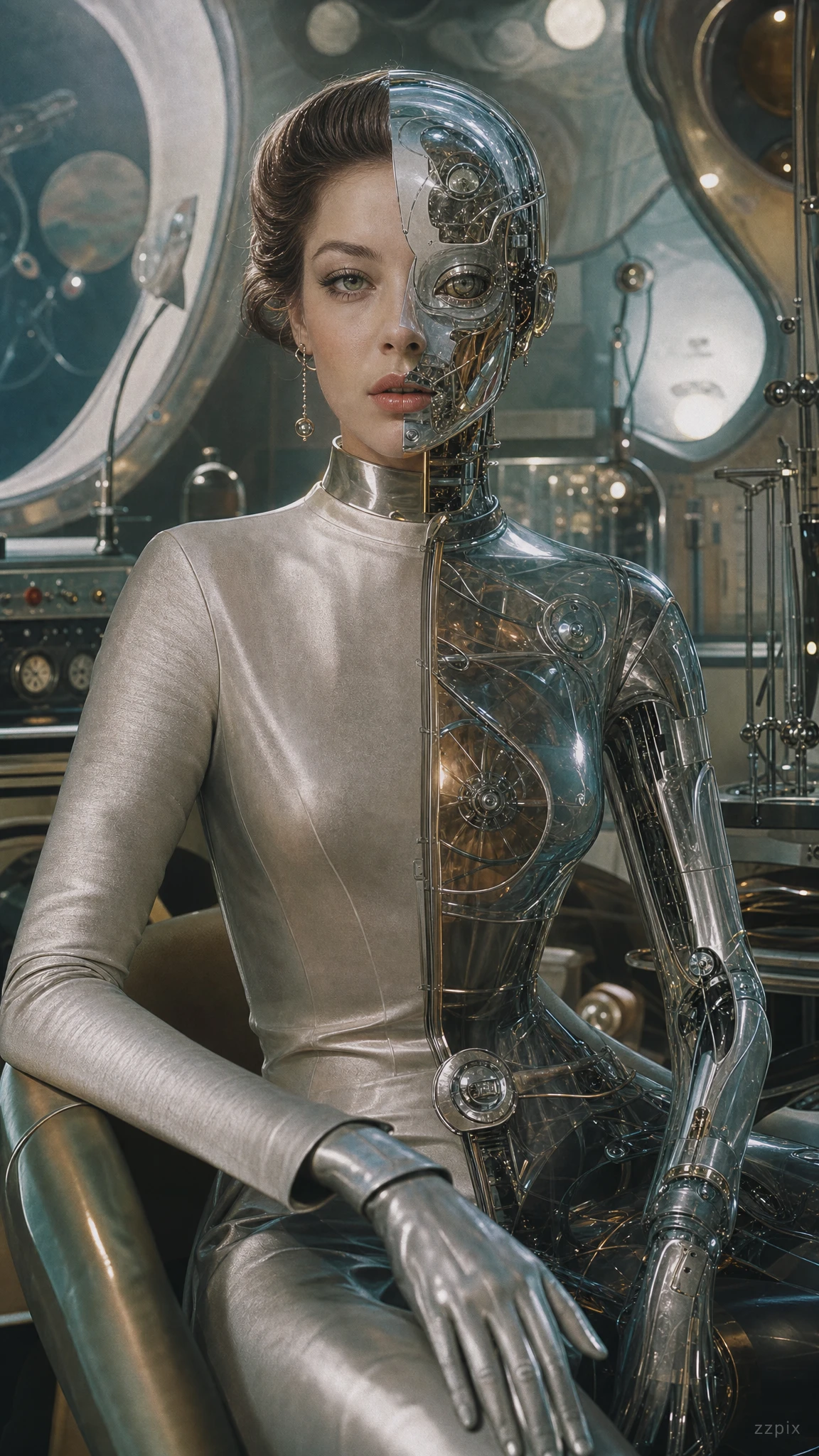 Mujer cíborg retrofuturista cinematográfica en interior cromado