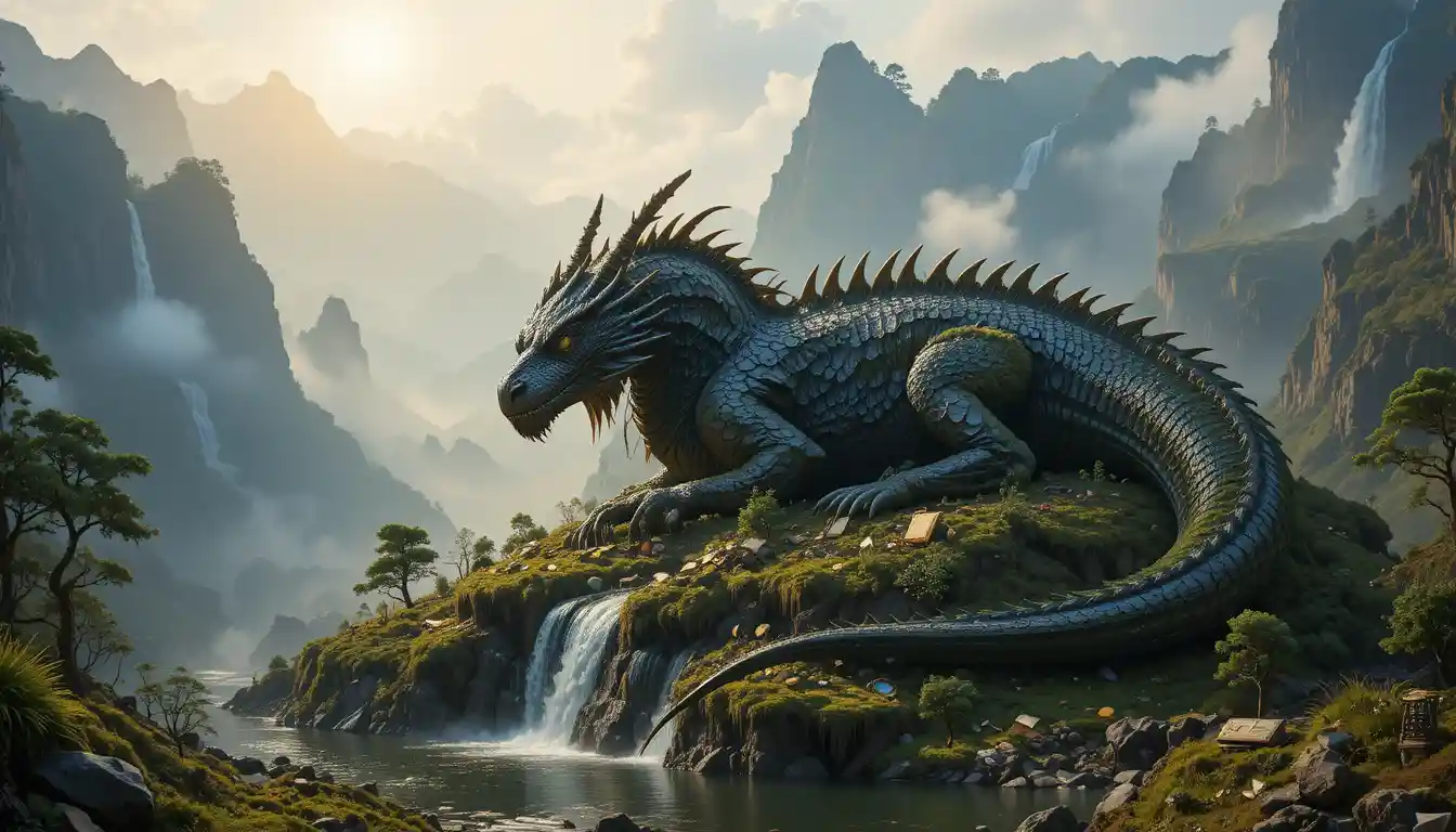 Ancient moss covered dragon sleeping on treasure in valley