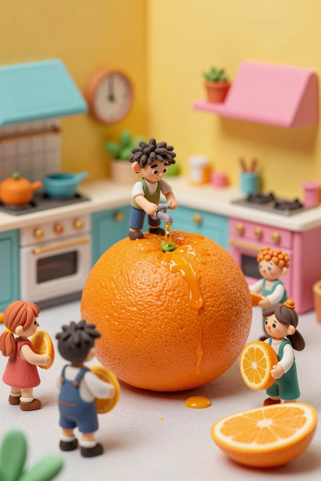 Children Harvest A Giant Orange In A Clay Kitchen World