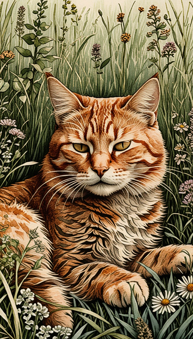 Content ginger cat reclining in meadow wildflowers illustration