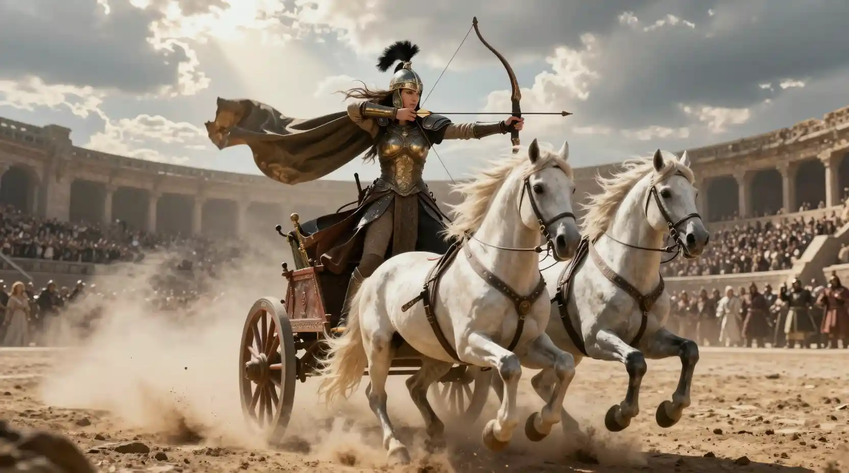 Female warrior on chariot charging through ancient arena