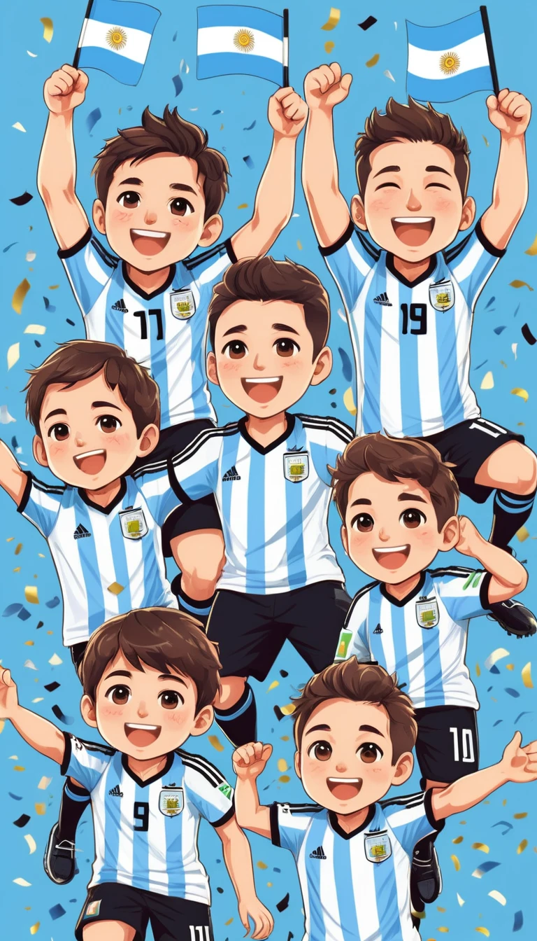 Cute chibi Argentina football players celebrating with flags