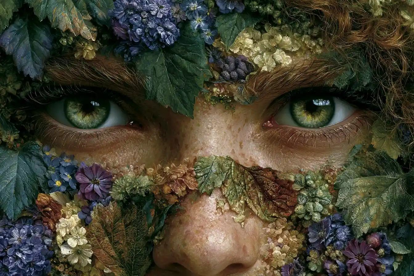 Surreal nature woman embodying the spirit of summer