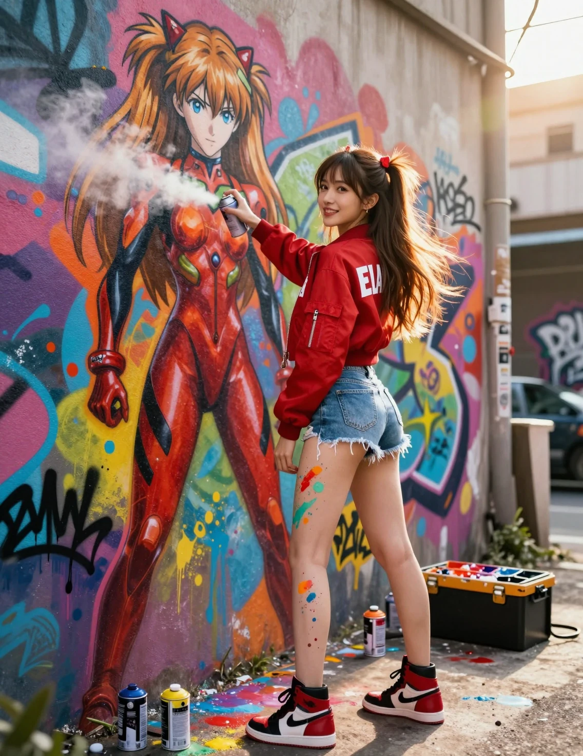 Japanese street artist spray painting anime mural at sunset